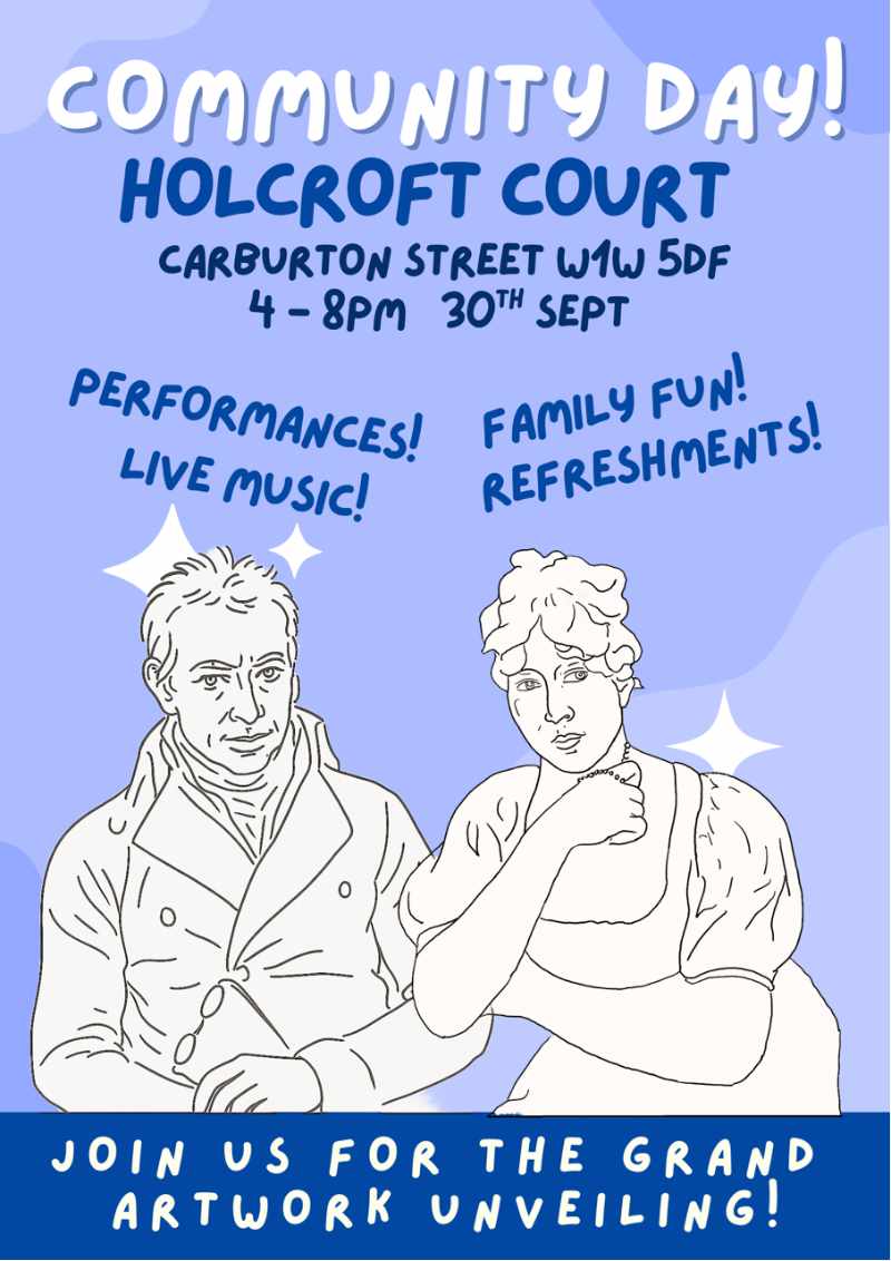 Poster showing two people informing about community day on 30 Sept 4-8pm